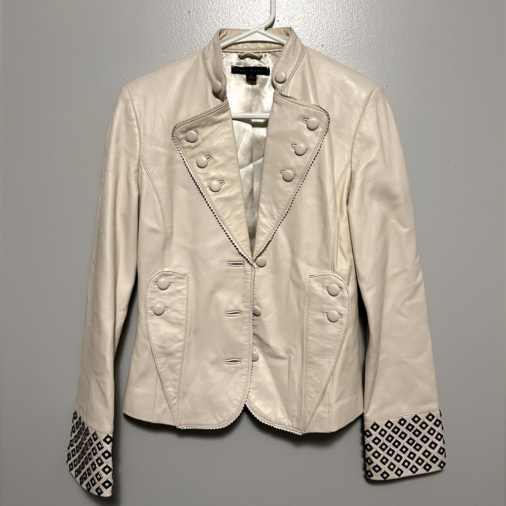 Great white leather jacket with embellished sleeves